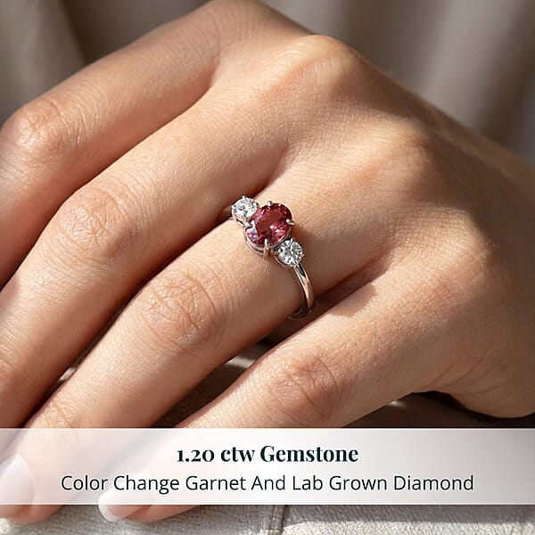 Premium Color Change Garnet And G-H SI Luxuriant Lab Grown Diamond 1.20 Ctw Ring In Rhodium Over Sterling Silver