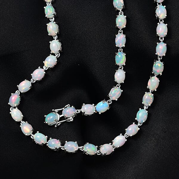 Premium Ethiopian Welo Opal 39.20 Ctw Link Necklace In Rhodium Over Sterling Silver 18 Inches
