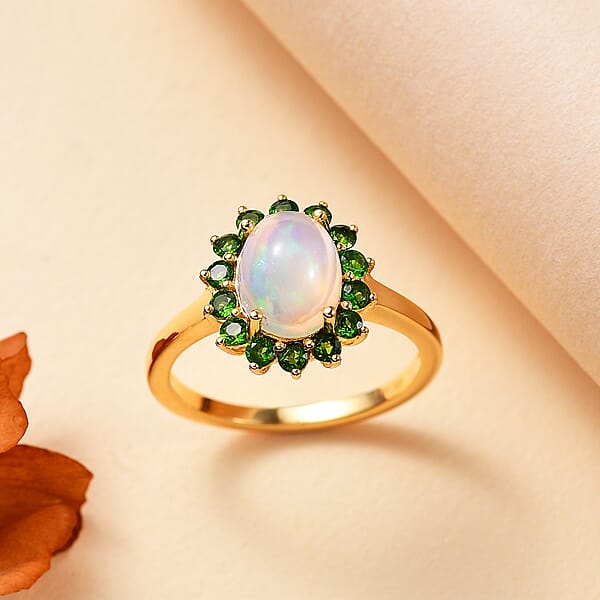 Premium Ethiopian Welo Opal And Chrome Diopside 1.65 Ctw Dahlia Flower Ring In 18K Vermeil Yellow Gold Over Sterling Silver