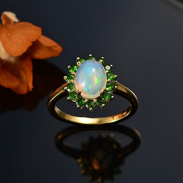 Premium Ethiopian Welo Opal And Chrome Diopside 1.65 Ctw Dahlia Flower Ring In 18K Vermeil Yellow Gold Over Sterling Silver