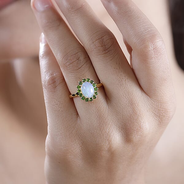 Premium Ethiopian Welo Opal And Chrome Diopside 1.65 Ctw Dahlia Flower Ring In 18K Vermeil Yellow Gold Over Sterling Silver