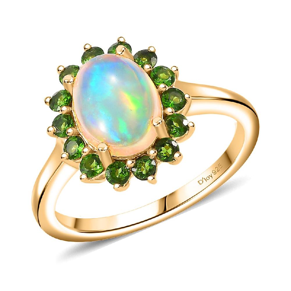 Premium Ethiopian Welo Opal and Chrome Diopside 1.65 ctw Dahlia Flower Ring in 18K Vermeil Yellow Gold Over Sterling Silver