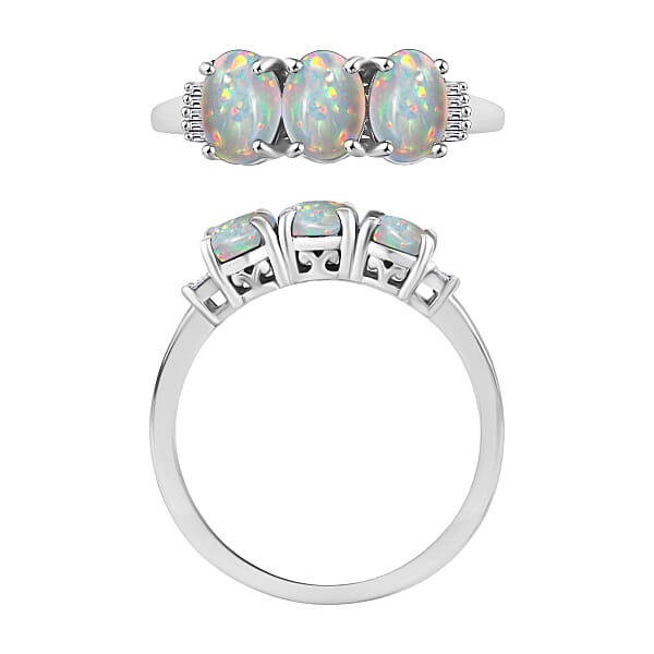 Premium Ethiopian Welo Opal And Diamond 2.53 Ctw 3 Stone Ring In Platinum Over Sterling Silver (Size 4.0)