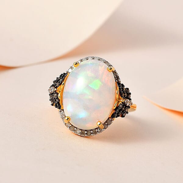 Premium Ethiopian Welo Opal And Natural Champagne And White Diamond Butterfly Ring In Vermeil YG Over Sterling Silver 6.00 Ctw