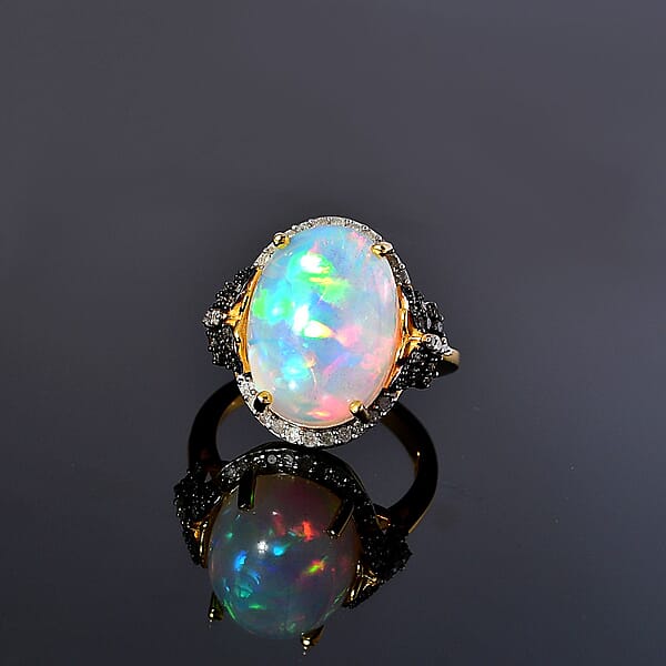 Premium Ethiopian Welo Opal And Natural Champagne And White Diamond Butterfly Ring In Vermeil YG Over Sterling Silver 6.00 Ctw
