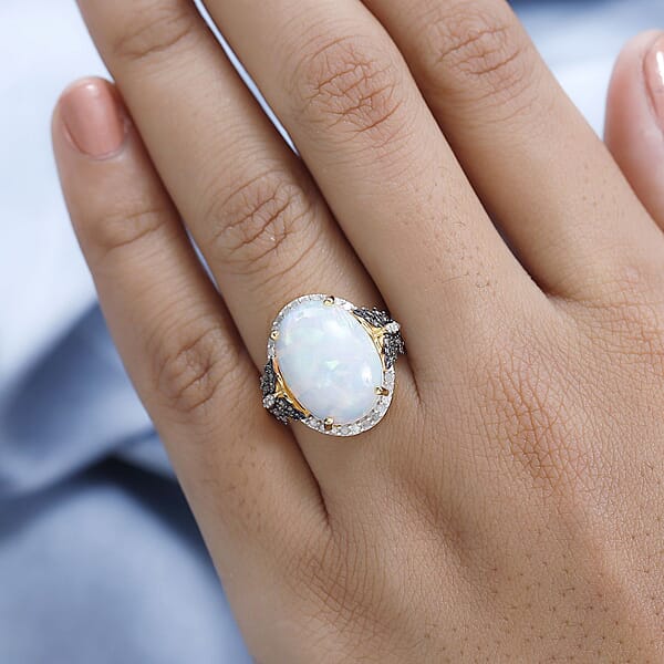 Premium Ethiopian Welo Opal And Natural Champagne And White Diamond Butterfly Ring In Vermeil YG Over Sterling Silver 6.00 Ctw