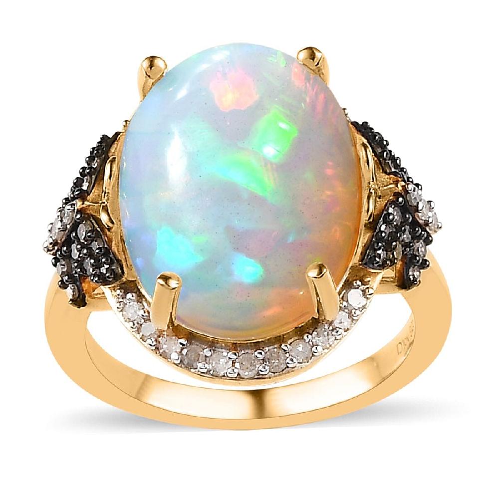 Premium Ethiopian Welo Opal and Natural Champagne and White Diamond Butterfly Ring in Vermeil YG Over Sterling Silver 6.00 ctw