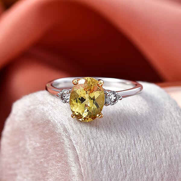 Premium Golden Apatite And Luxuriant Lab Grown Diamond G-H SI 2.00 Ctw Golden Focus Ring In 18K Vermeil YG And Rhodium Over Sterling Silver
