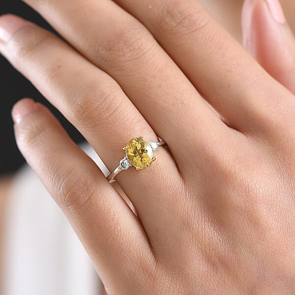 Premium Golden Apatite And Luxuriant Lab Grown Diamond G-H SI 2.00 Ctw Golden Focus Ring In 18K Vermeil YG And Rhodium Over Sterling Silver