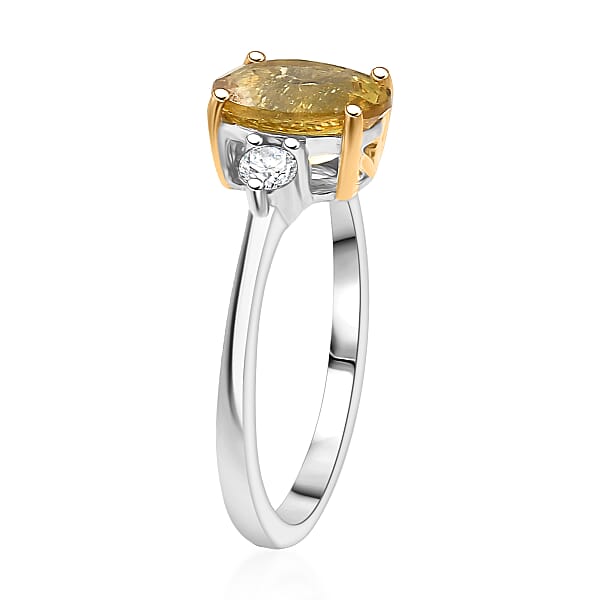 Premium Golden Apatite And Luxuriant Lab Grown Diamond G-H SI 2.00 Ctw Golden Focus Ring In 18K Vermeil YG And Rhodium Over Sterling Silver