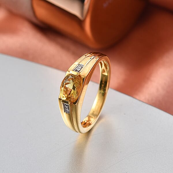 Premium Golden Apatite And Luxuriant Lab Grown Diamond G-H SI 1.30 Ctw Men's Ring In 18K Vermeil Yellow Gold Over Sterling Silver