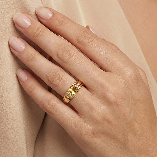 Premium Golden Apatite And Luxuriant Lab Grown Diamond G-H SI 1.30 Ctw Men's Ring In 18K Vermeil Yellow Gold Over Sterling Silver