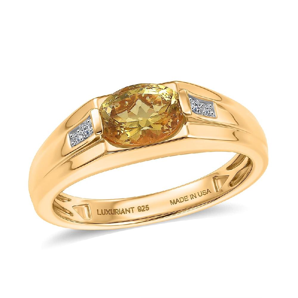 Premium Golden Apatite and Luxuriant Lab Grown Diamond G-H SI 1.30 ctw Men's Ring in 18K Vermeil Yellow Gold Over Sterling Silver