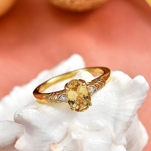 Premium Golden Apatite And Luxuriant Lab Grown Diamond G-H SI 1.25 Ctw Golden Wave Ring In 18K Yellow Gold Over Sterling Silver