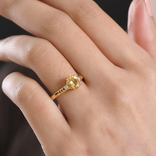 Premium Golden Apatite And Luxuriant Lab Grown Diamond G-H SI 1.25 Ctw Golden Wave Ring In 18K Yellow Gold Over Sterling Silver