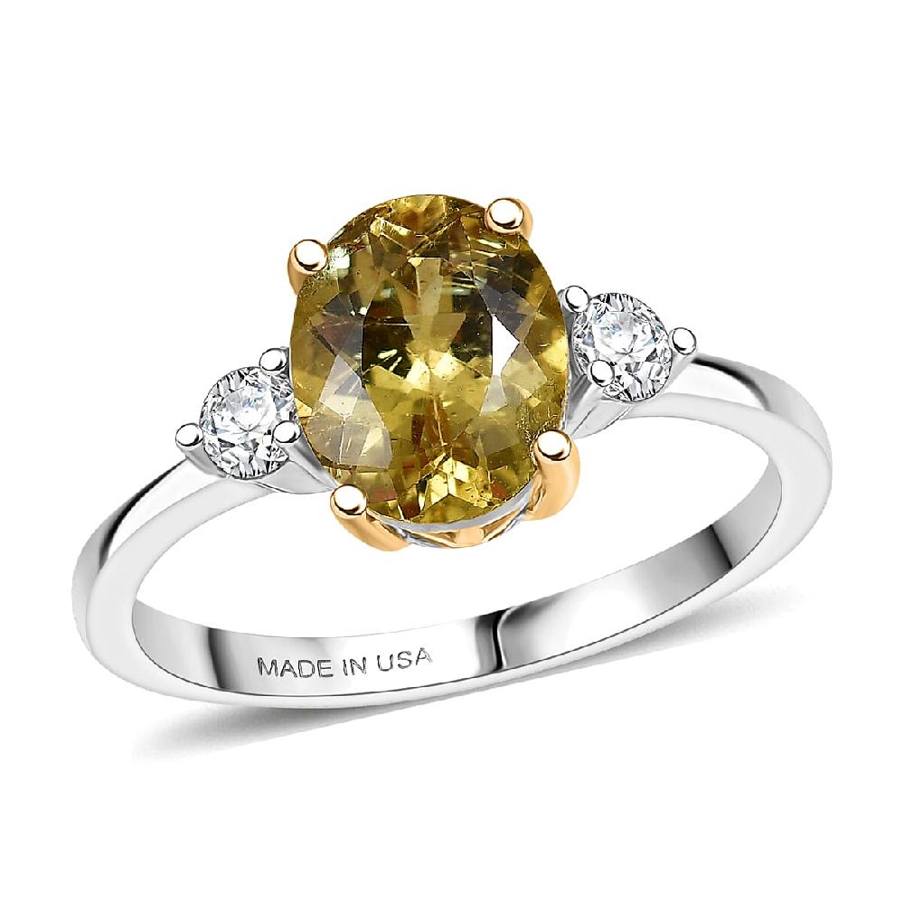 Premium Golden Apatite and Luxuriant Lab Grown Diamond G-H SI 2.00 ctw Golden Focus Ring in 18K Vermeil YG and Rhodium Over Sterling Silver