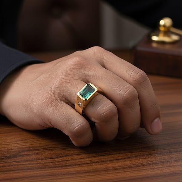 Premium Grandidierite And Luxuriant Lab Grown Diamond G-H SI 1.70 Ctw Art Deco Men's Ring In 18K Vermeil Yellow Gold Over Sterling Silver
