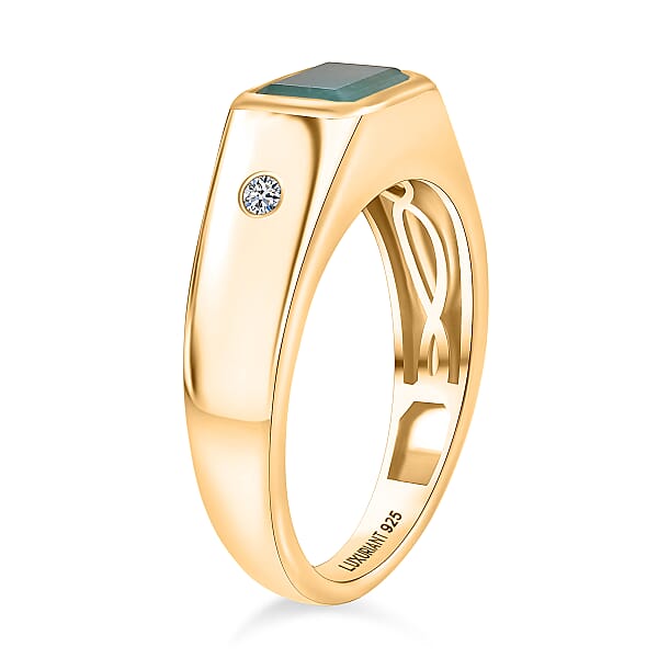Premium Grandidierite And Luxuriant Lab Grown Diamond G-H SI 1.70 Ctw Art Deco Men's Ring In 18K Vermeil Yellow Gold Over Sterling Silver