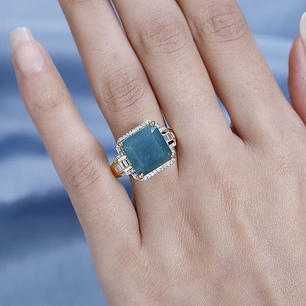 Premium Grandidierite And Moissanite 10.20 Ctw Ring In Vermeil Yellow Gold Over Sterling Silver
