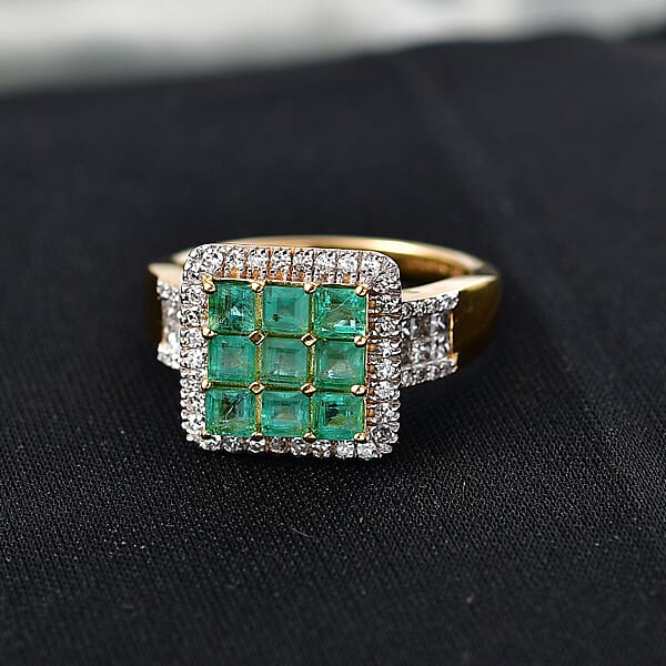 Premium Kagem Zambian Emerald And Luxuriant Lab Grown Diamond G-H SI 1.85 Ctw Grid Mosaic Ring In 18K Vermeil Yellow Gold Over Sterling Silver
