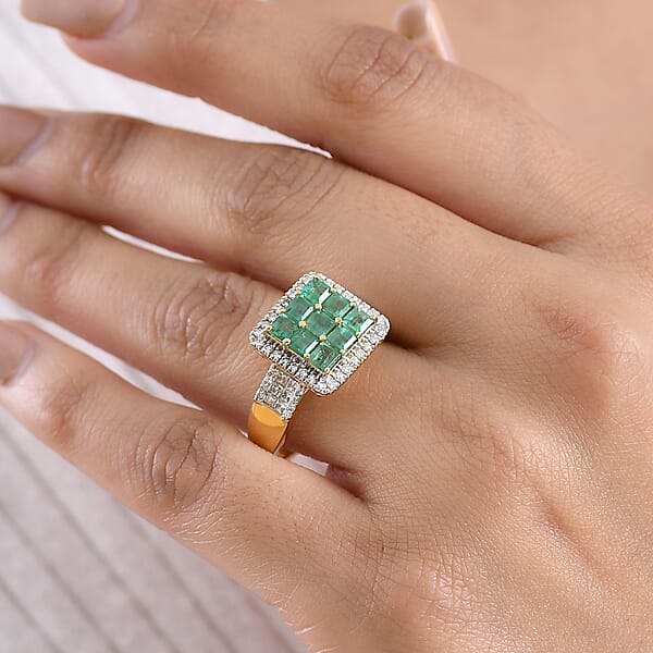 Premium Kagem Zambian Emerald And Luxuriant Lab Grown Diamond G-H SI 1.85 Ctw Grid Mosaic Ring In 18K Vermeil Yellow Gold Over Sterling Silver