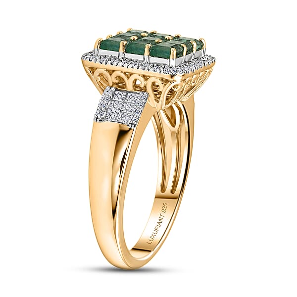 Premium Kagem Zambian Emerald And Luxuriant Lab Grown Diamond G-H SI 1.85 Ctw Grid Mosaic Ring In 18K Vermeil Yellow Gold Over Sterling Silver