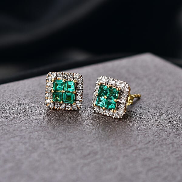 Premium Kagem Zambian Emerald And Luxuriant Lab Grown Diamond G-H SI 1.00 Ctw Grid Mosaic Earrings In 18K Vermeil Over Sterling Silver