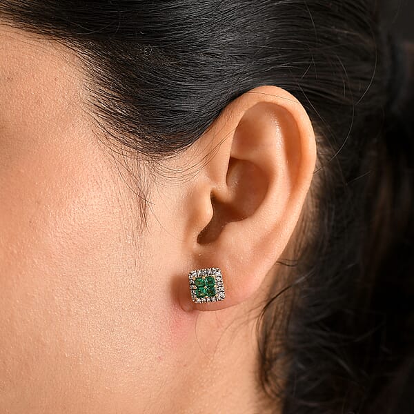 Premium Kagem Zambian Emerald And Luxuriant Lab Grown Diamond G-H SI 1.00 Ctw Grid Mosaic Earrings In 18K Vermeil Over Sterling Silver