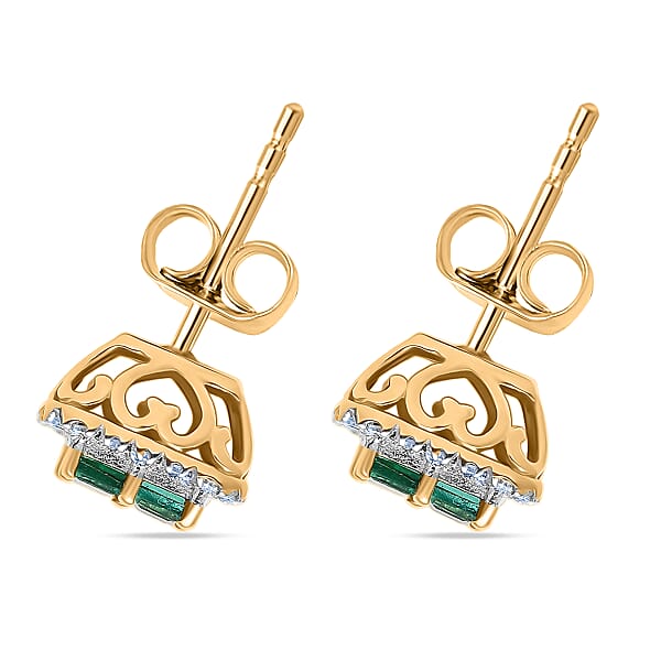 Premium Kagem Zambian Emerald And Luxuriant Lab Grown Diamond G-H SI 1.00 Ctw Grid Mosaic Earrings In 18K Vermeil Over Sterling Silver