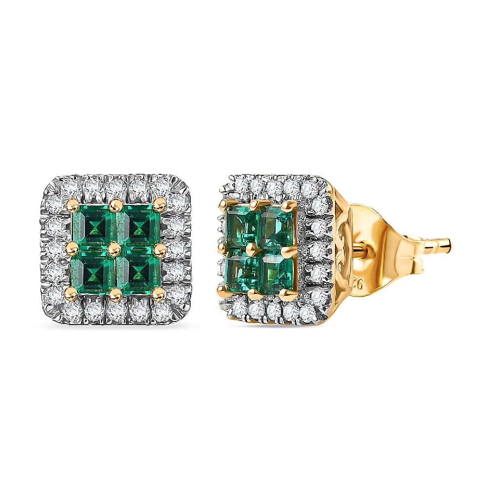 Premium Kagem Zambian Emerald and Luxuriant Lab Grown Diamond G-H SI 1.00 ctw Grid Mosaic Earrings in 18K Vermeil Over Sterling Silver
