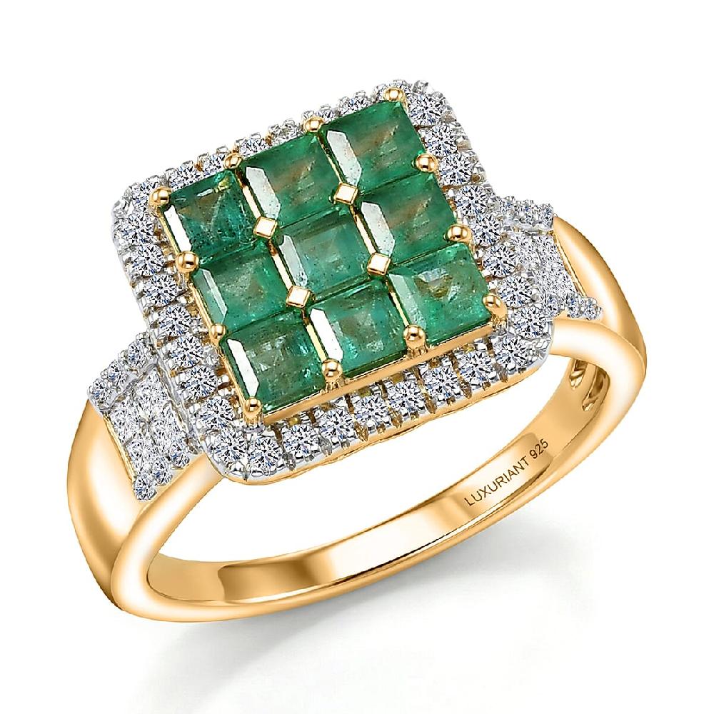 Premium Kagem Zambian Emerald and Luxuriant Lab Grown Diamond G-H SI 1.85 ctw Grid Mosaic Ring in 18K Vermeil Yellow Gold Over Sterling Silver