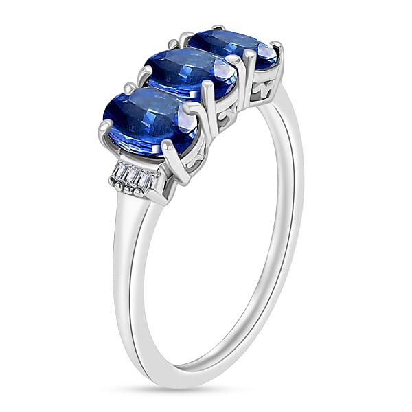 Premium Kanchanaburi Blue Sapphire And G-H I2 Diamond 2.77 Ctw 3 Stone Ring In 14K White Gold (Size 4.0) (Del. In 10-12 Days)
