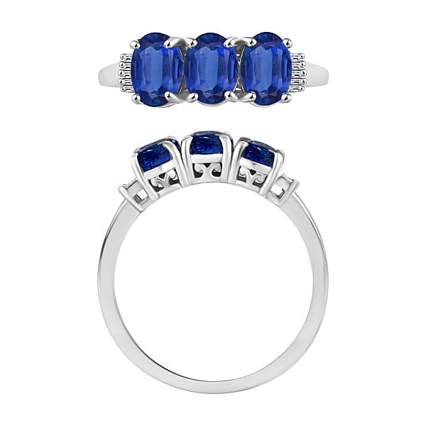 Premium Kanchanaburi Blue Sapphire And G-H I2 Diamond 2.77 Ctw 3 Stone Ring In 14K White Gold (Size 4.0) (Del. In 10-12 Days)