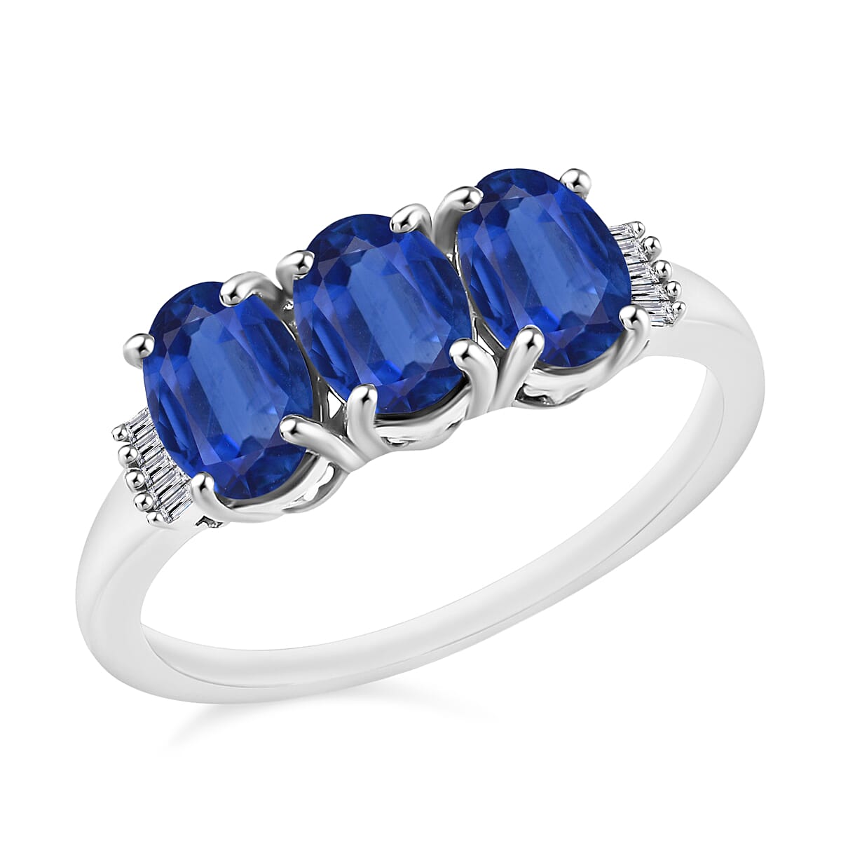 Premium Kanchanaburi Blue Sapphire and G-H I2 Diamond 2.77 ctw 3 Stone Ring in 14K White Gold (Size 4.0) (Del. in 10-12 Days)