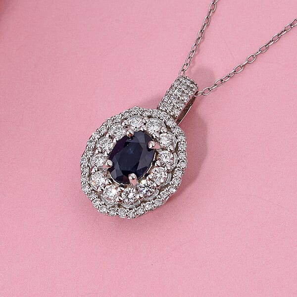 Premium Kanchanaburi Blue Sapphire And Luxuriant Lab Grown Diamond SI 1.65 Ctw Crown Radiance Pendant Necklace In 10K White Gold 18 Inches