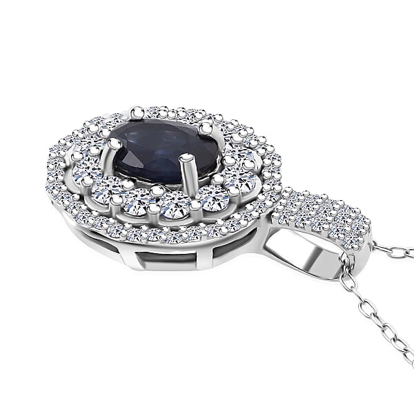 Premium Kanchanaburi Blue Sapphire And Luxuriant Lab Grown Diamond SI 1.65 Ctw Crown Radiance Pendant Necklace In 10K White Gold 18 Inches