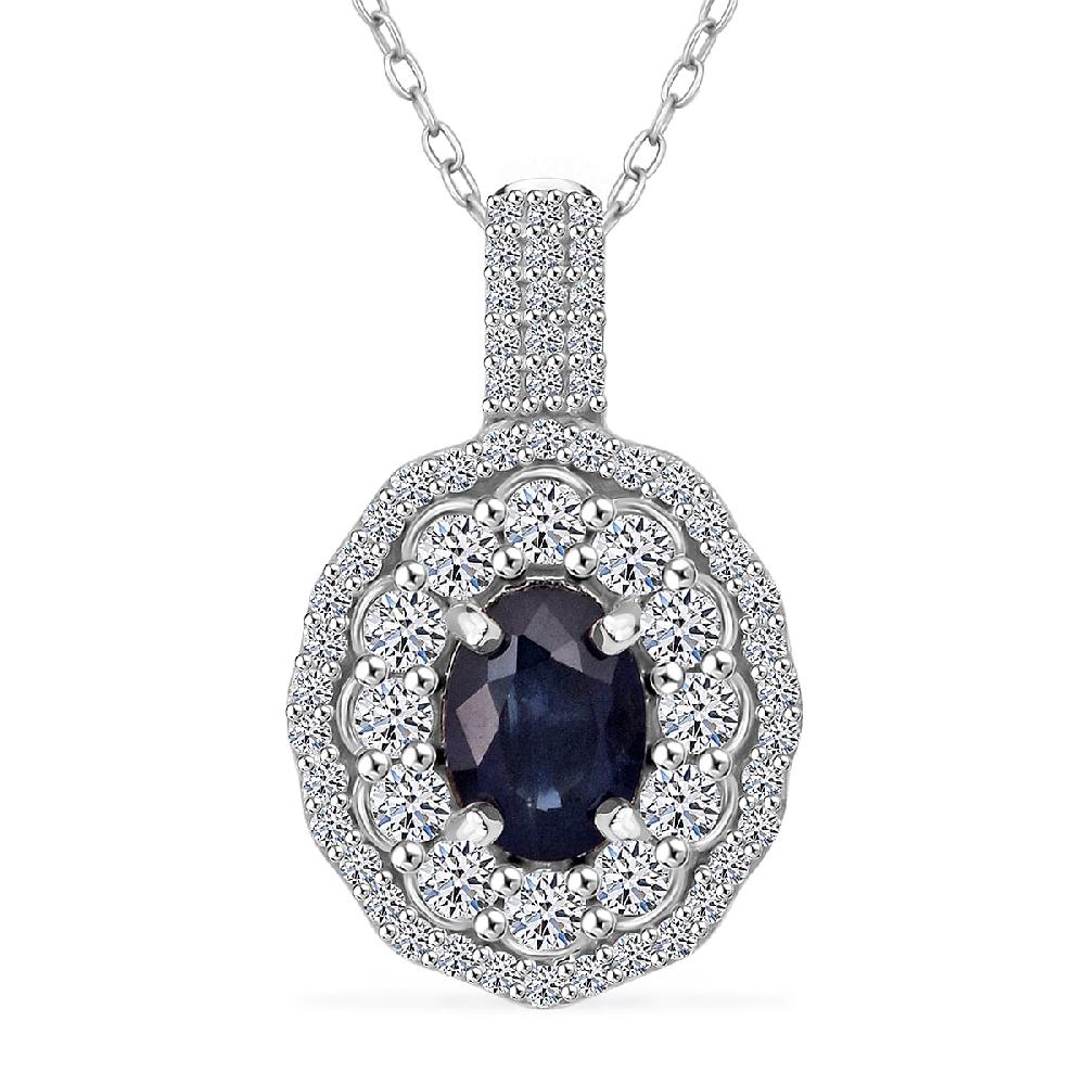 Premium Kanchanaburi Blue Sapphire and Luxuriant Lab Grown Diamond SI 1.65 ctw Crown Radiance Pendant Necklace in 10K White Gold 18 Inches
