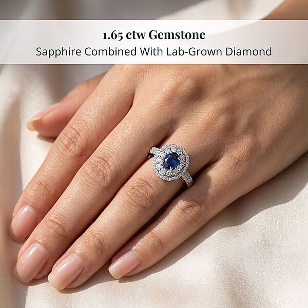 Premium Kanchanaburi Blue Sapphire And SI Luxuriant Lab Grown Diamond 1.65 Ctw Crown Radiance Ring In 10K White Gold