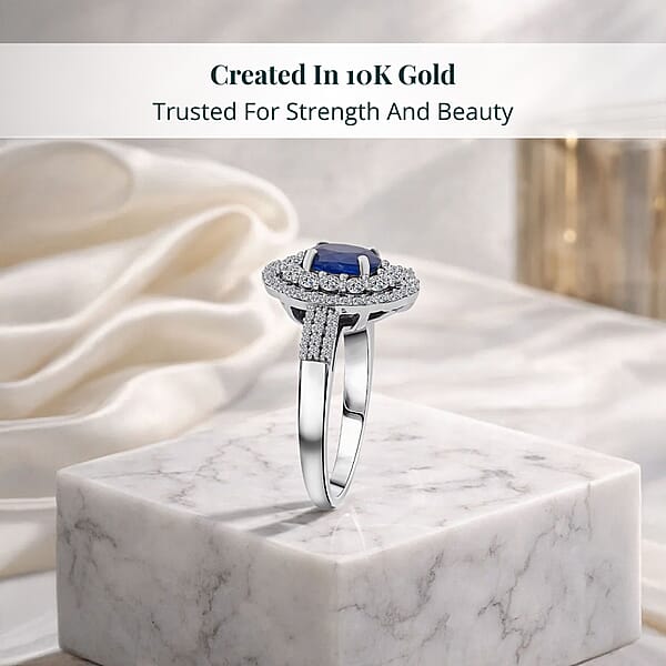 Premium Kanchanaburi Blue Sapphire And SI Luxuriant Lab Grown Diamond 1.65 Ctw Crown Radiance Ring In 10K White Gold