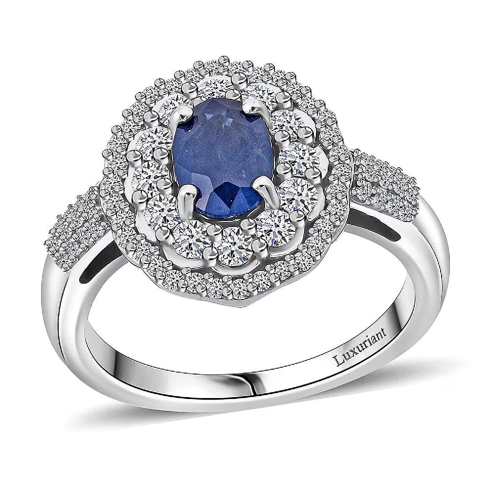 Premium Kanchanaburi Blue Sapphire and SI Luxuriant Lab Grown Diamond 1.65 ctw Crown Radiance Ring in 10K White Gold