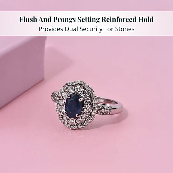 Premium Kanchanaburi Blue Sapphire And SI Luxuriant Lab Grown Diamond 1.65 Ctw Crown Radiance Ring In 10K White Gold