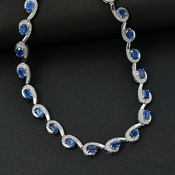 Premium Kashmir Kyanite And White Zircon 19.15 Ctw Sea Waves Necklace In Rhodium Over Sterling Silver 18-20 Inches