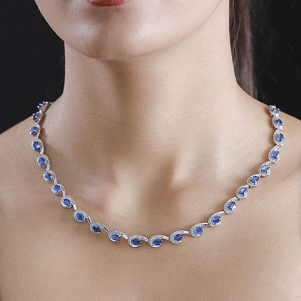 Premium Kashmir Kyanite And White Zircon 19.15 Ctw Sea Waves Necklace In Rhodium Over Sterling Silver 18-20 Inches