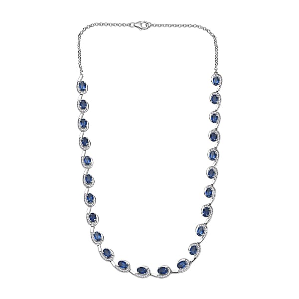 Premium Kashmir Kyanite And White Zircon 19.15 Ctw Sea Waves Necklace In Rhodium Over Sterling Silver 18-20 Inches