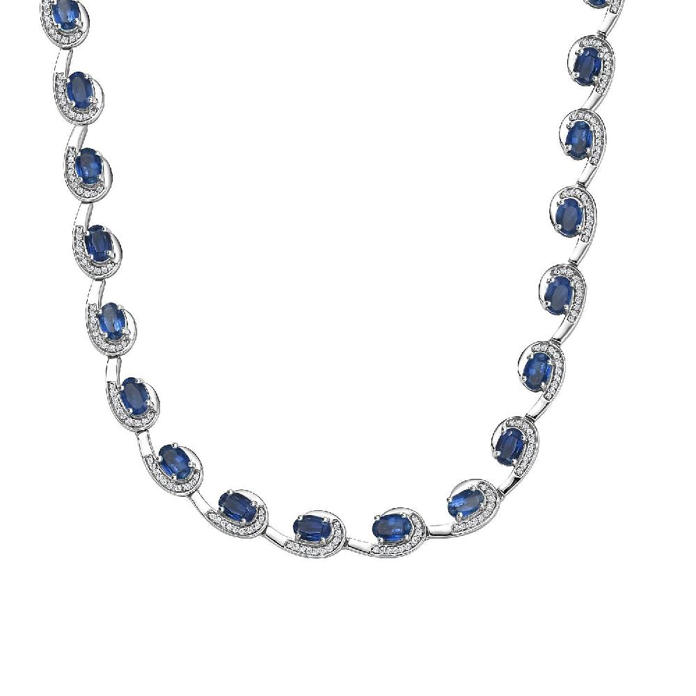 Premium Kashmir Kyanite and White Zircon 19.15 ctw Sea Waves Necklace in Rhodium Over Sterling Silver 18-20 Inches
