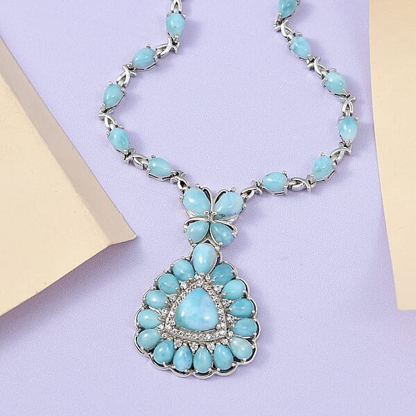 Premium Larimar And White Zircon Necklace 18 Inches In Platinum Over Sterling Silver 23.10 Ctw