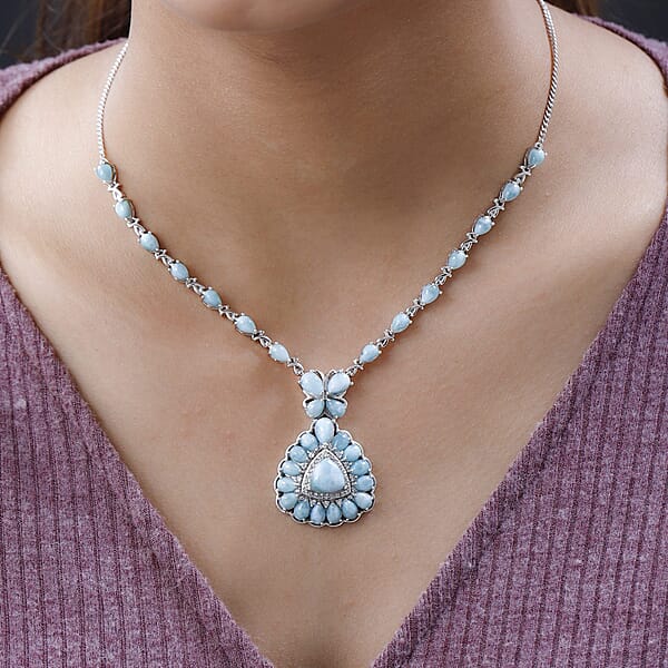 Premium Larimar And White Zircon Necklace 18 Inches In Platinum Over Sterling Silver 23.10 Ctw