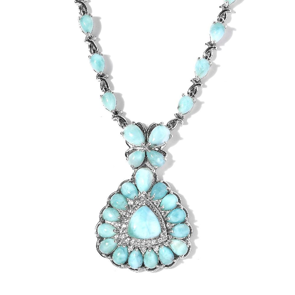 Premium Larimar and White Zircon Necklace 18 Inches in Platinum Over Sterling Silver 23.10 ctw