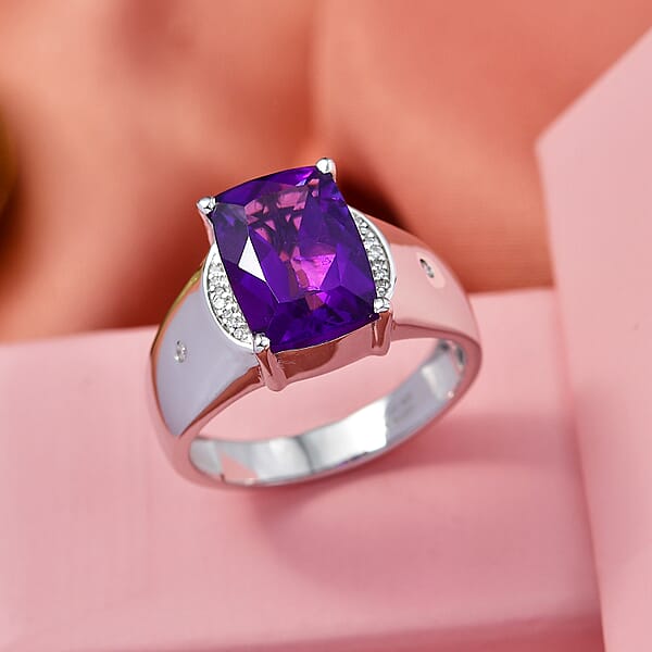 Premium Lusaka Amethyst And Luxuriant Lab Grown Diamond G-H SI 7.00 Ctw Men's Ring In Rhodium Over Sterling Silver