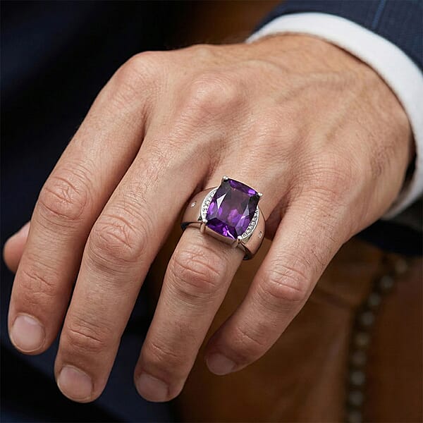 Premium Lusaka Amethyst And Luxuriant Lab Grown Diamond G-H SI 7.00 Ctw Men's Ring In Rhodium Over Sterling Silver